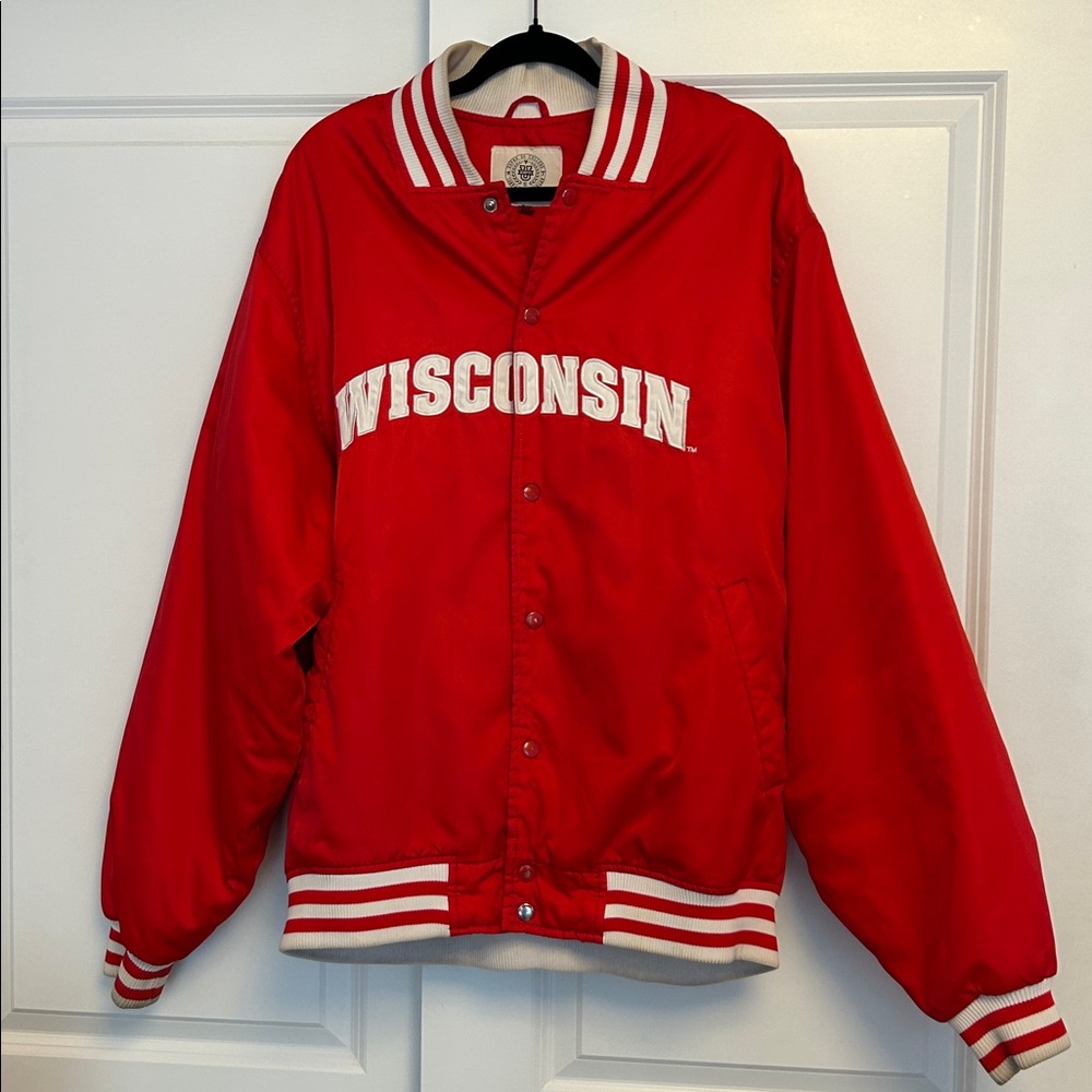 ESPNU Go College Vtg Men's Embr. Wisconsin Red‎ Satin Bomber Jacket Size XL